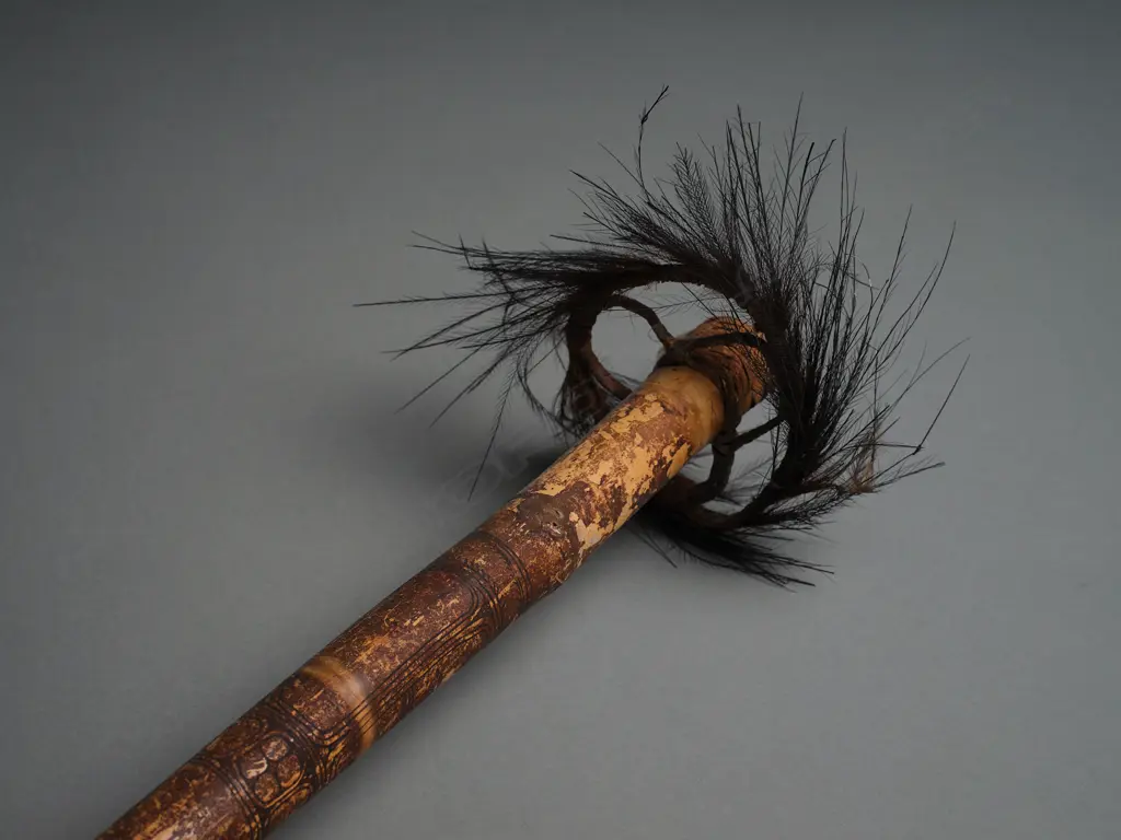 PNG Sepik River ceremonial flute, decorated bamboo with feather & woven discs, L.860mm Image 1++